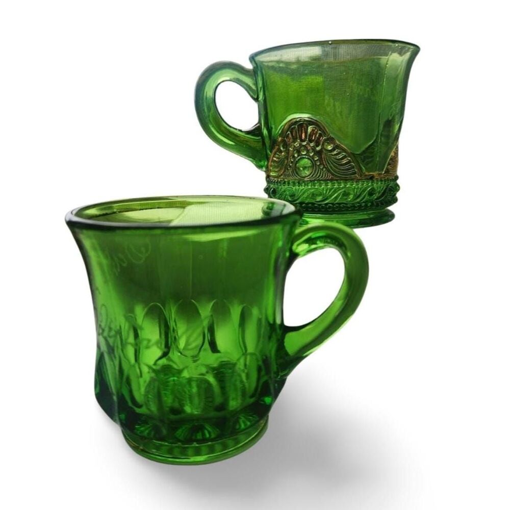 Antique EAPG Green Mini Mugs Colorado Lacy Medallion Pattern Souvenir Set of 2